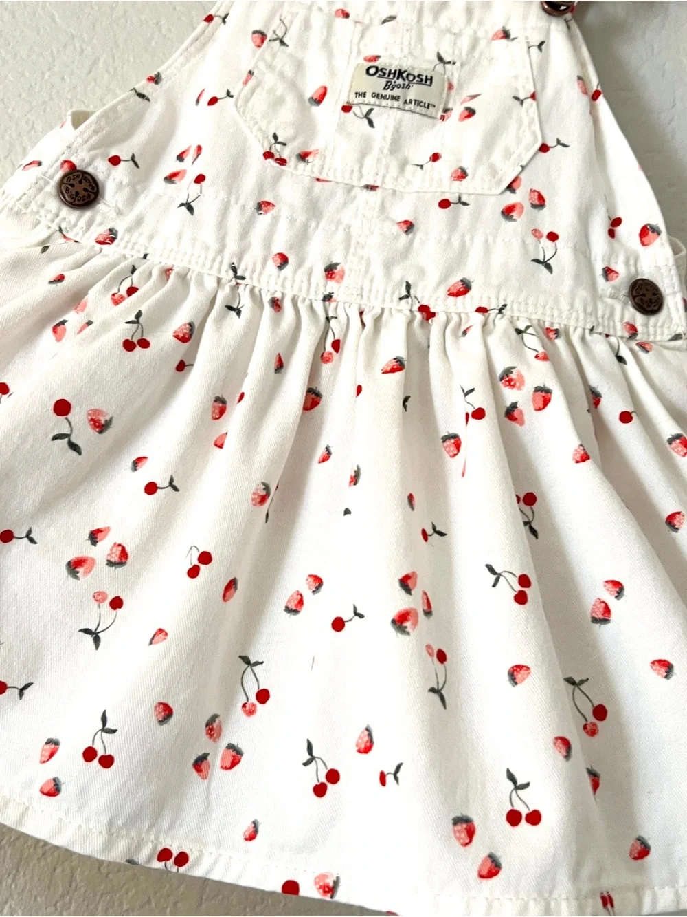OshKosh B’gosh Overall Jumper Dress Girls 18M White Cherries Strawberries Print